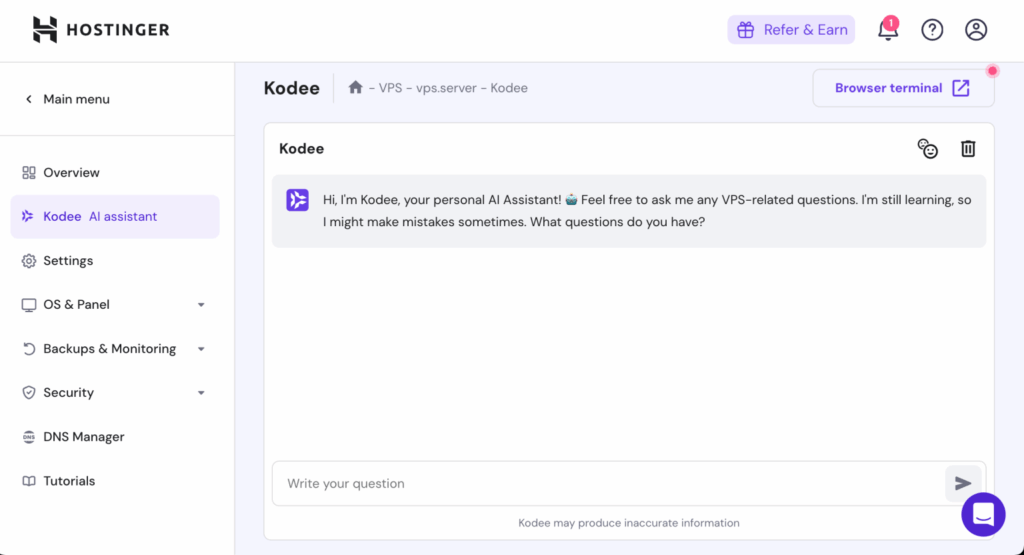 hPanelのKodee AIアシスタント画面