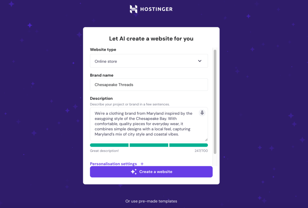 Hostinger AIサイト作成ツールのプロンプト入力欄