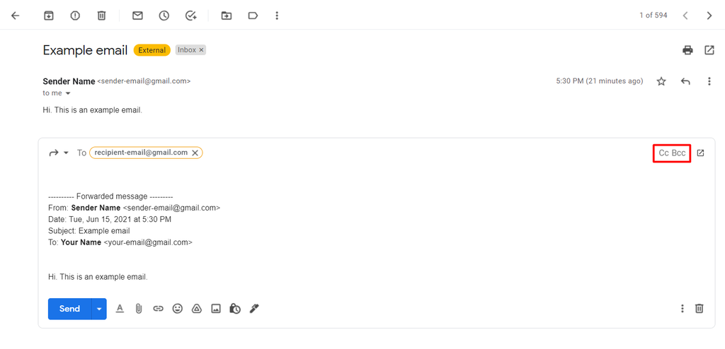 GmailのCcとBccボタン表示画面