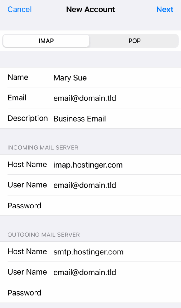 iPhone新規メールアカウント作成時のメールサーバー設定入力画面