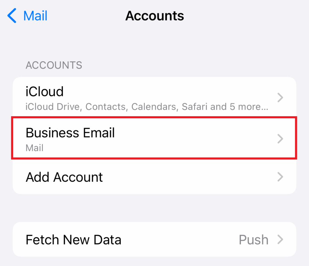 iPhone同期済みアカウント一覧、新規作成されたメールアカウント表示画面