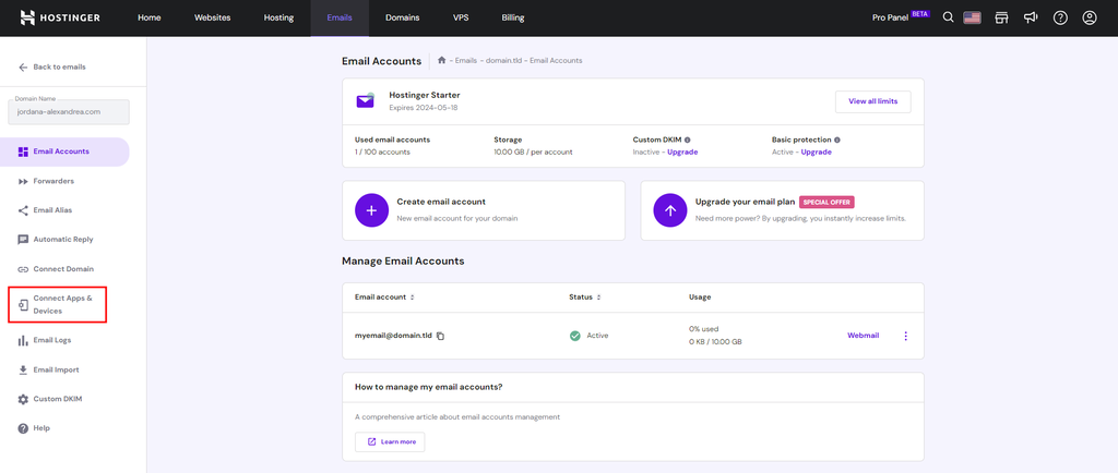 Hostinger hPanelメールアカウントダッシュボードのConnect Apps & Devicesメニュー表示