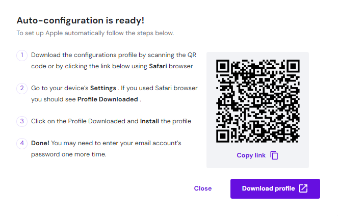 QRコードとメールプロファイル保存ダウンロードボタンを表示する自動設定ポップアップ