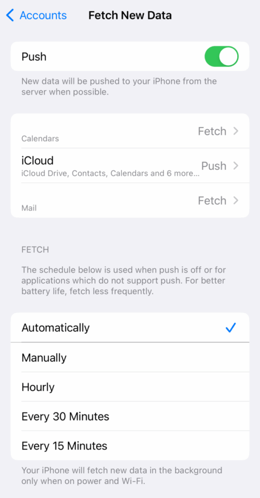 iOSメールアプリケーションの新着データ取得設定画面