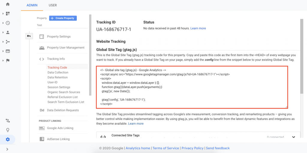 WordPressWebサイトに手動でGoogleアナリティクスを追加するために使用されるGoogleアナリティクストラッキングコードページ