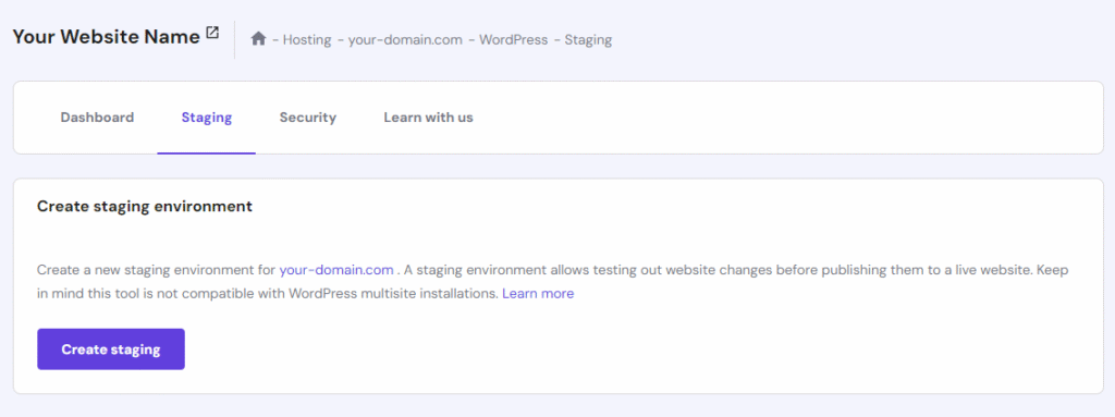 hPanelのWordPress Staging Tool機能画面