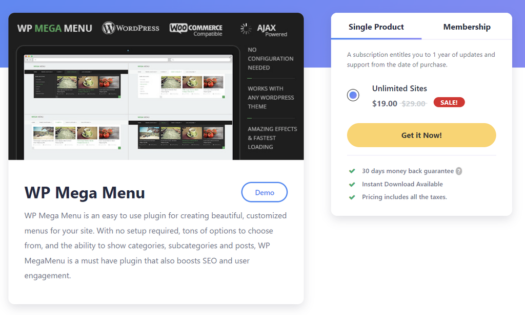 mythemeshopサイト上のWP Mega Menuのランディングページ