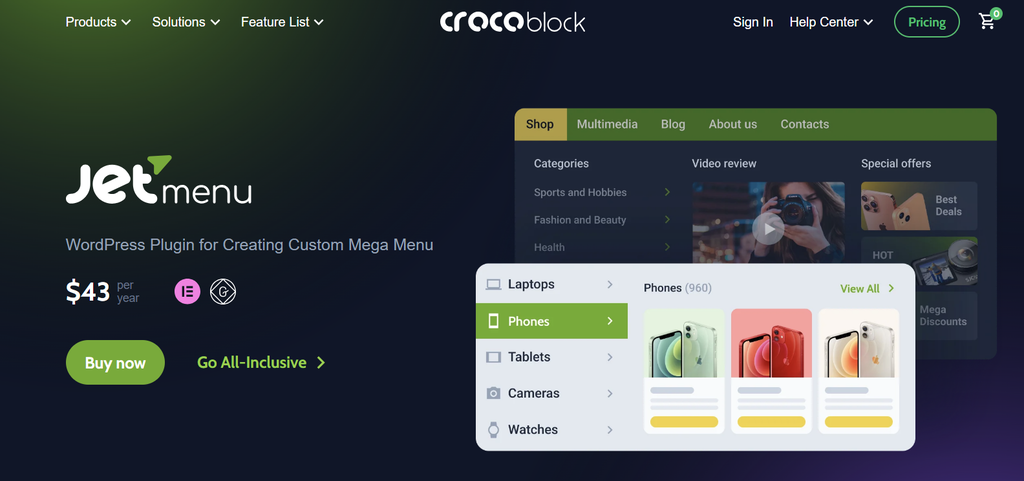CrocoblockサイトにあるJetMenuのランディングページ