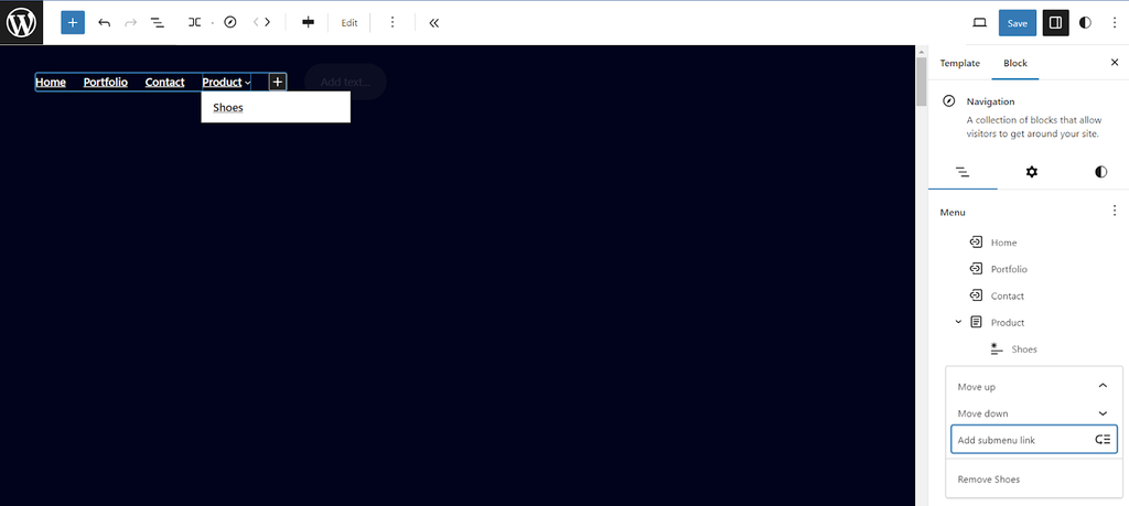 Block Editorでサブメニューリンクを追加する様子