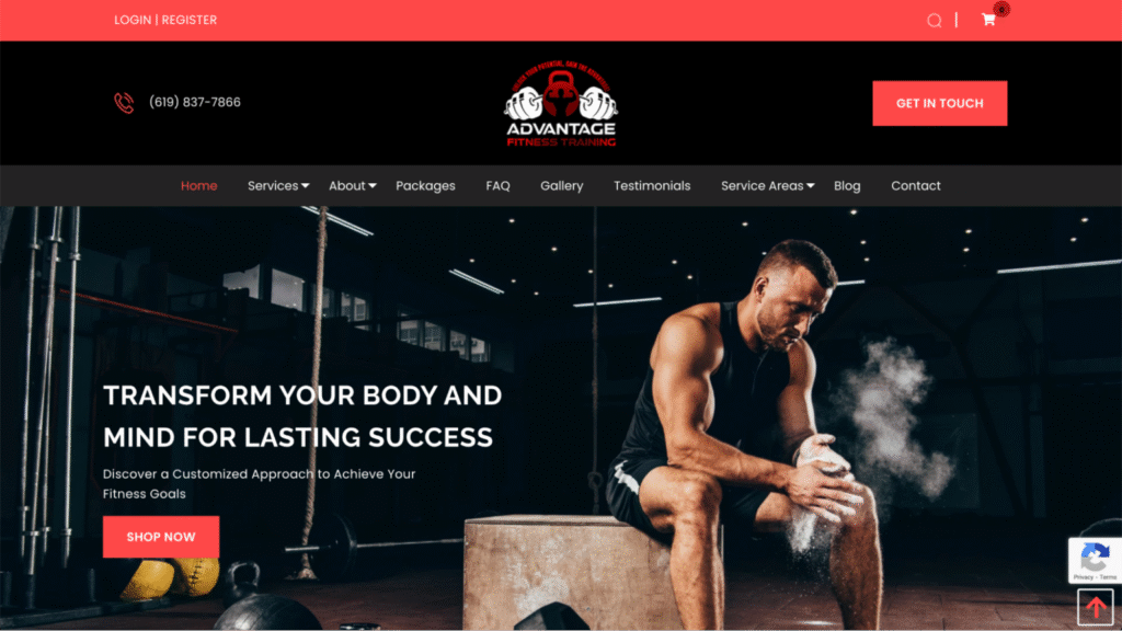 Advantage Fitness Trainingのランディングページ