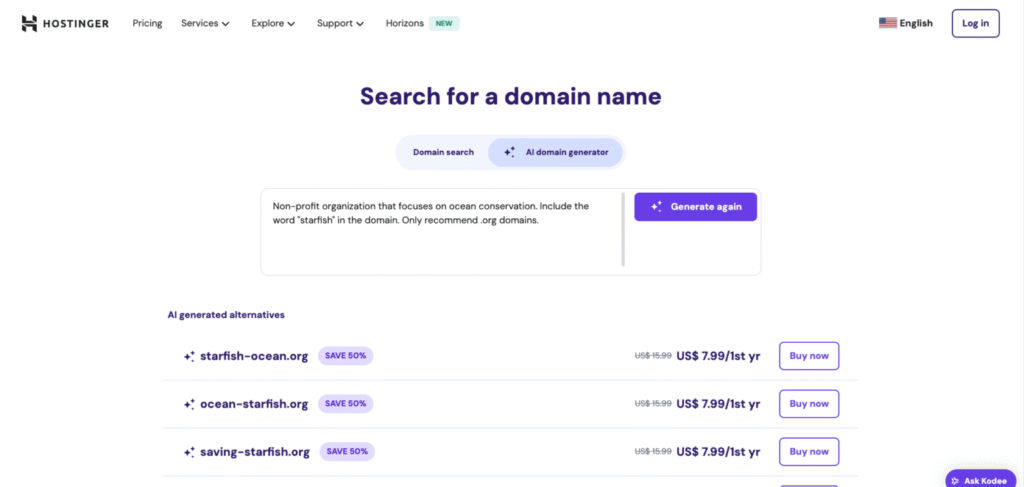Hostingerのドメイン空き状況検索ツールでプロンプトに基づき利用可能なorgドメインを検索している画面