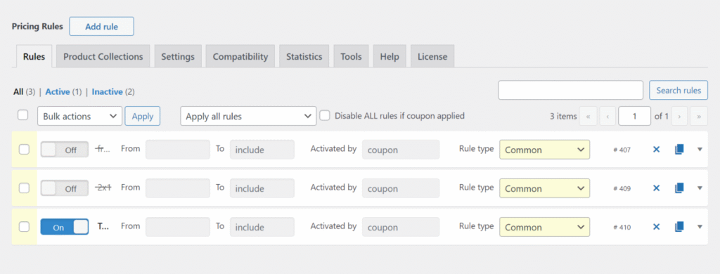WooCommerce向けAdvanced Dynamic Pricingのプラグインダッシュボード画面