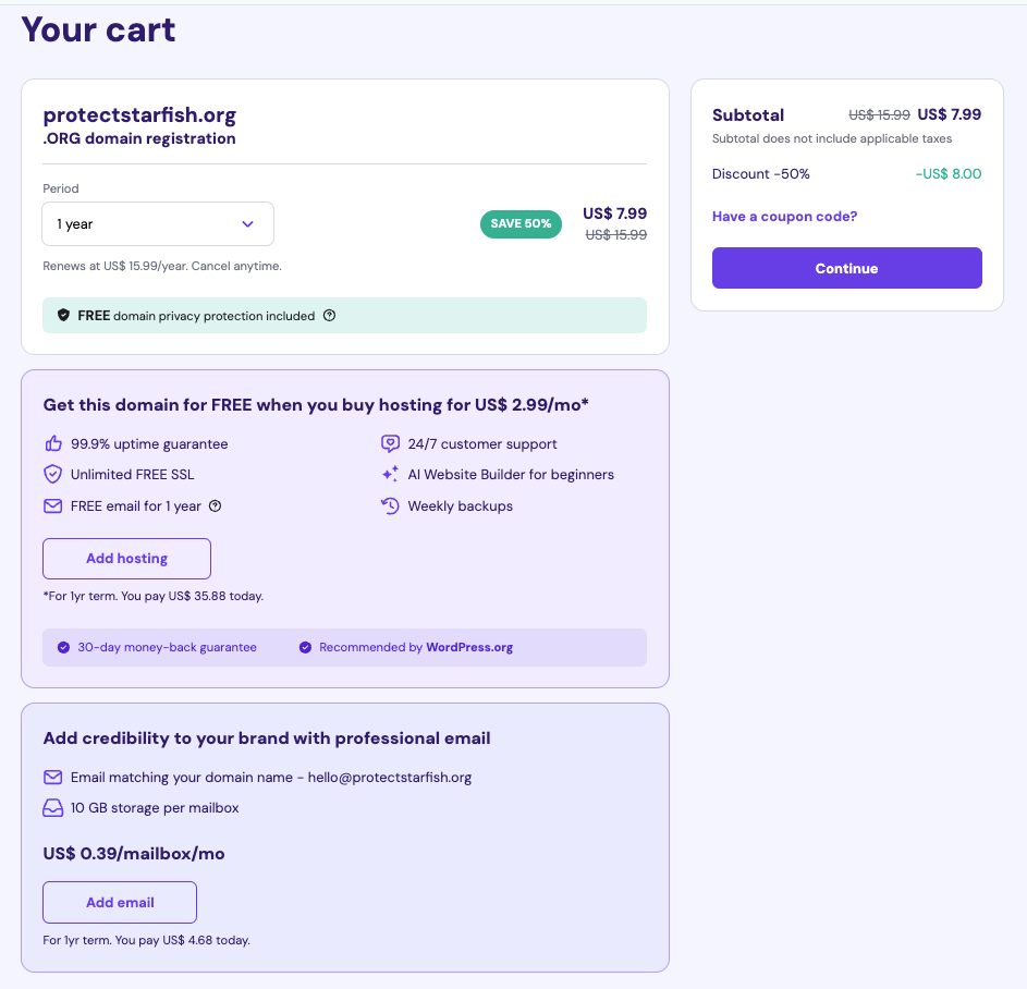 Hostingerの決済ページでドメイン購入時に選択できる追加サービスオプション画面