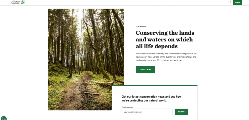 The Nature Conservancyページの寄付とニュースレター登録を促すCTAボタン