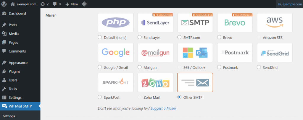WP Mail SMTPの設定画面で「Mailer」セクションの「Other SMTP」にチェックが入っている様子