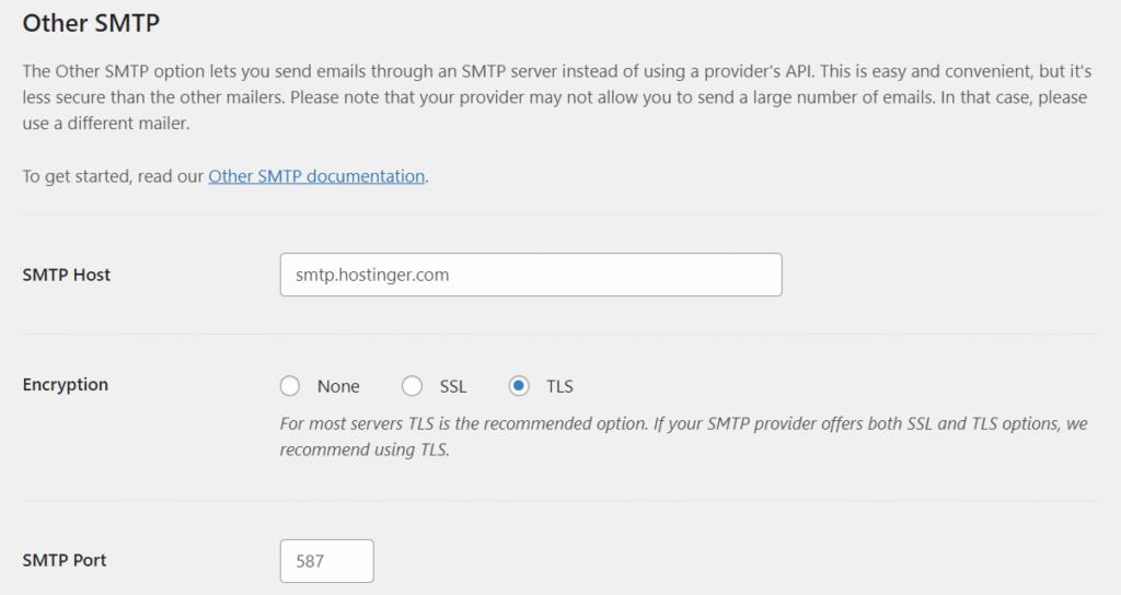 「Other SMTP」の設定フィールドにSMTPホスト、TLS暗号化、ポート番号が入力されている様子