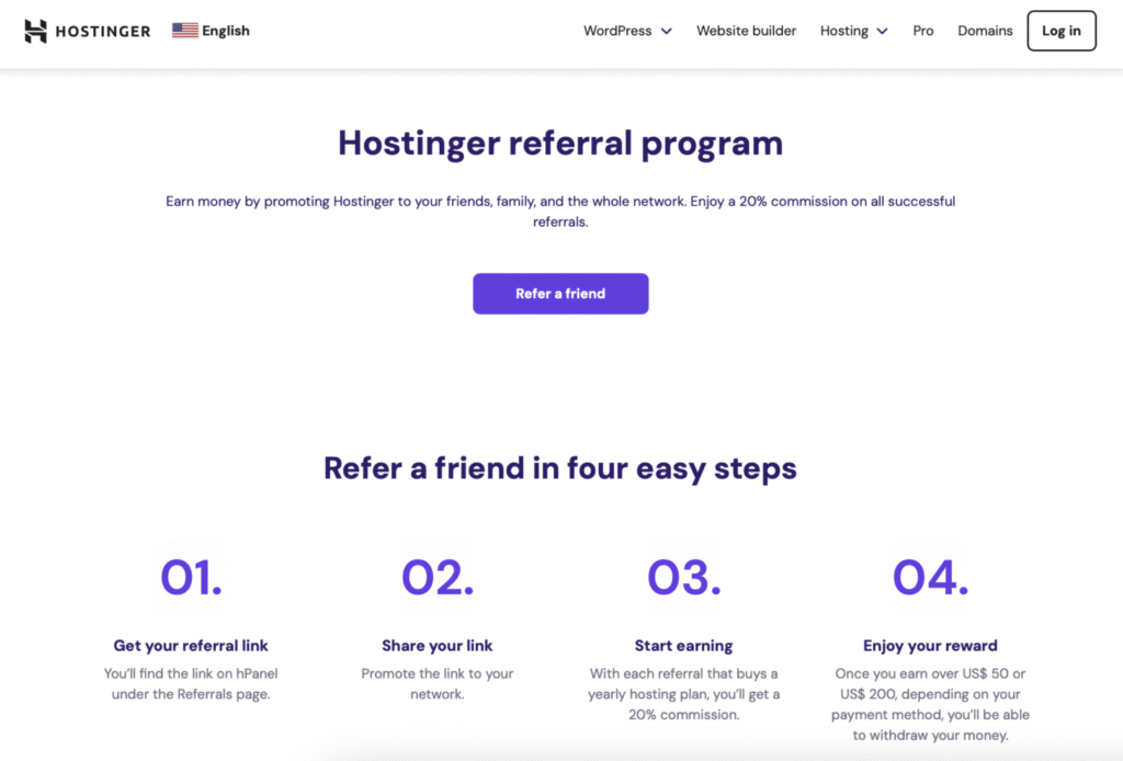 Hostingerの紹介プログラムページ