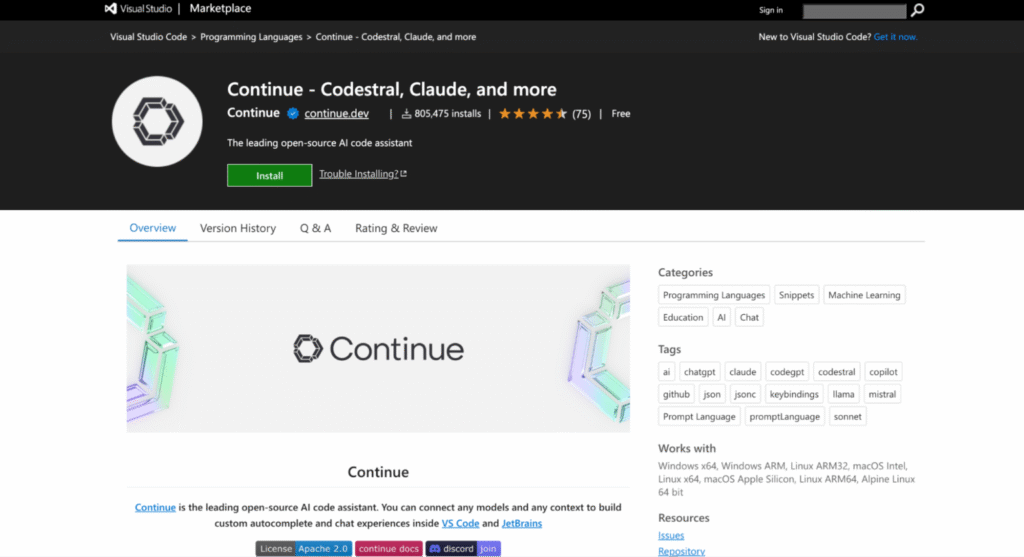 Continue for Visual Studio Codeのマーケットプレイスページ