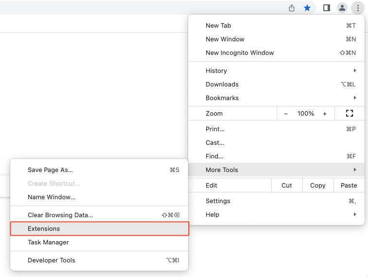 Google Chrome의 도구 더보기 설정 드롭다운에서 확장 프로그램 옵션