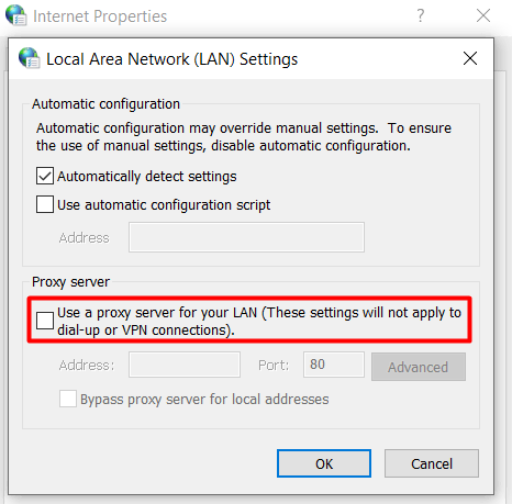 Windows LAN 설정에서 모든 프록시 설정을 선택 해제하는 옵션