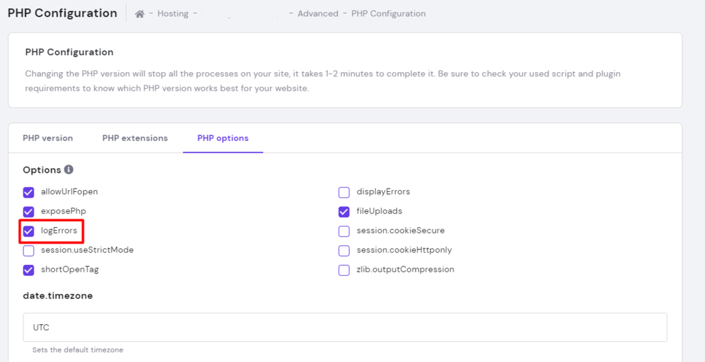 hPanel의 PHP 옵션 탭에서 logErrors 옵션