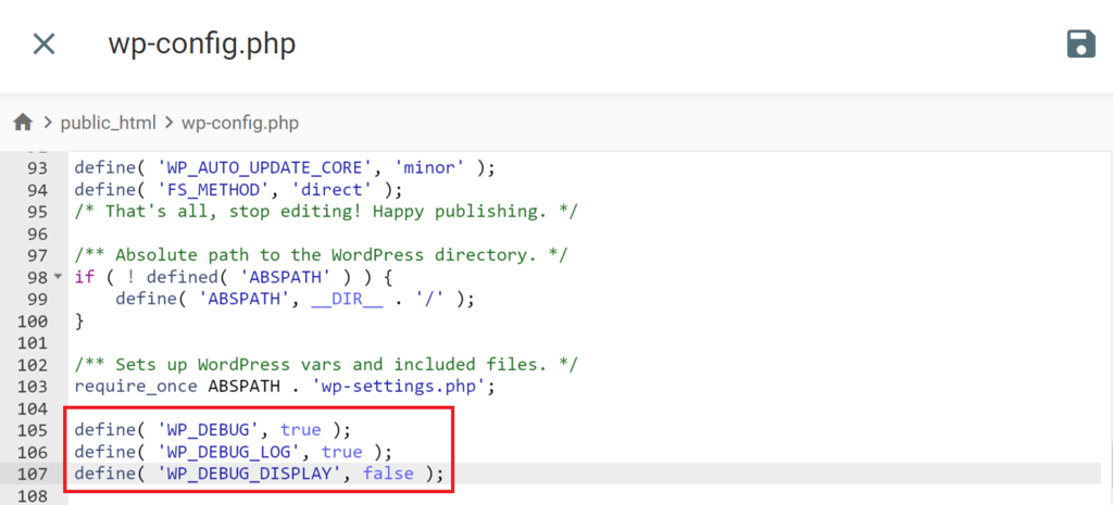 wp-config.php 파일 내의 WP_DEBUG 코드