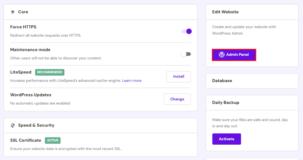 hPanel 대시보드 인터페이스에서 워드프레스 관리자 대시보드로 이동하는 버튼 강조 표시