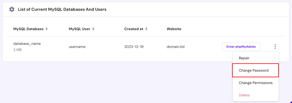 hPanel의 MySQL 데이터베이스 및 사용자 목록에서 데이터베이스 비밀번호 변경 옵션 강조