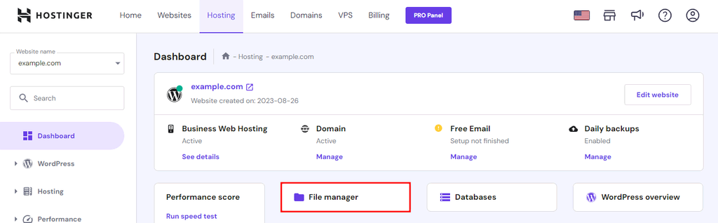 hPanel 대시보드에서 파일 관리자 강조