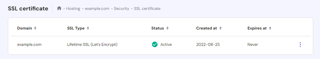 hPanel의 SSL 인증서 설치 완료