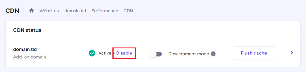 hPanel의 CDN 상태 섹션에서 CDN 비활성화하기
