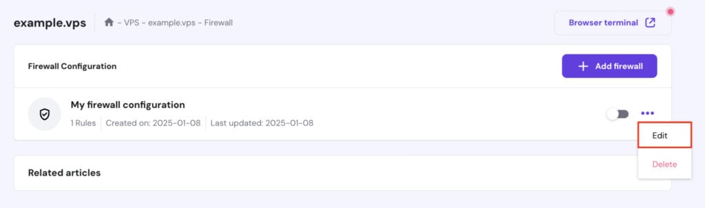 hPanel VPS에서 사용자 지정 방화벽 설정 옆의 '편집' 옵션