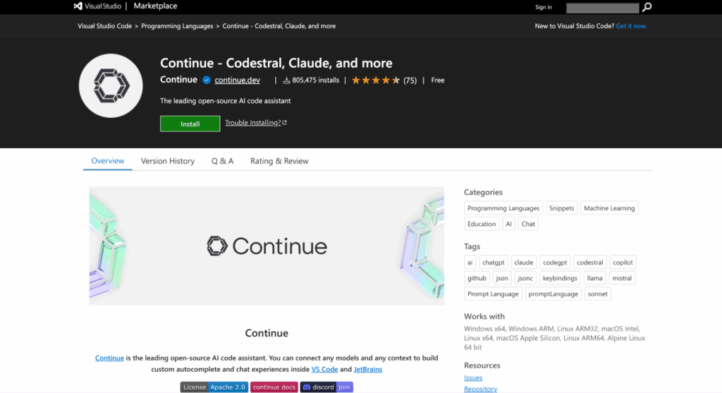 Continue for VS Code 마켓플레이스 페이지