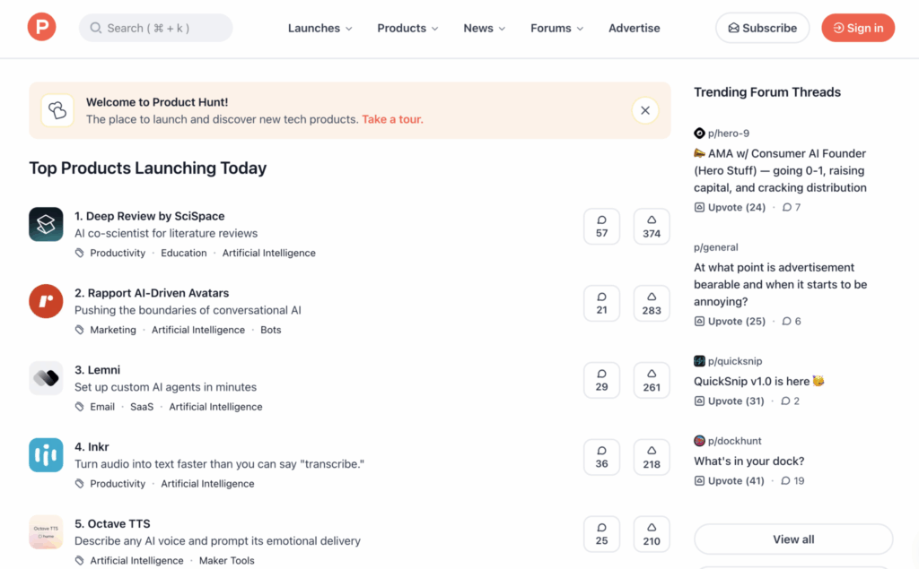 최신 기술 제품을 소개하는 Product Hunt 웹사이트의 홈페이지
