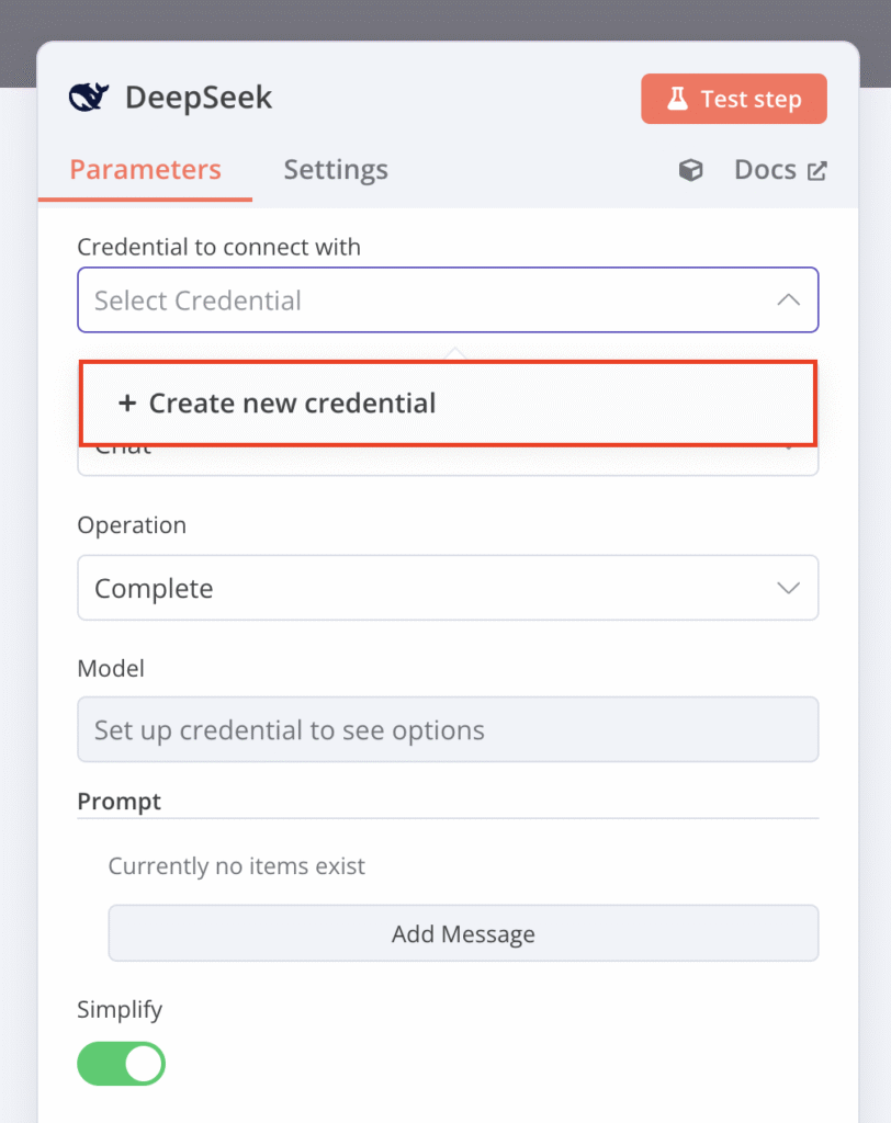 n8n DeepSeek 구성(Configuration) 대화 상자에서 새 자격 증명(Create new credential) 옵션