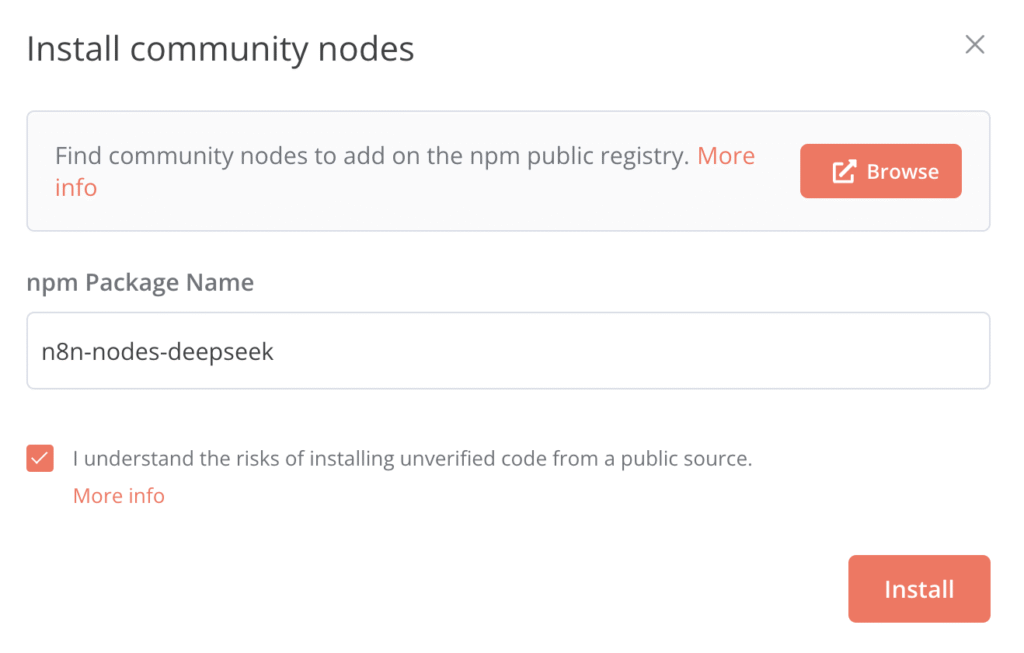 n8n Settings 메뉴에서 커뮤니티 노드 설치 대화 상자(Install community nodes dialog)