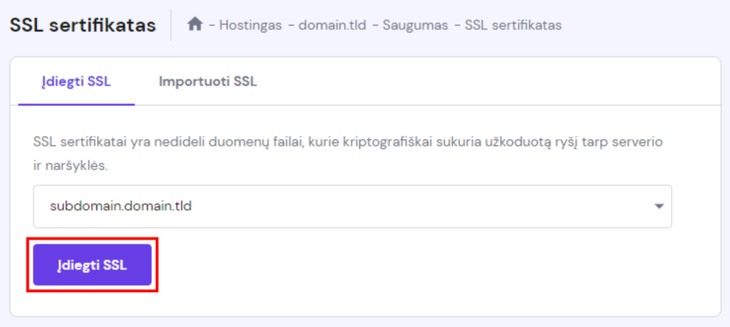 SSL sertifikato diegimas