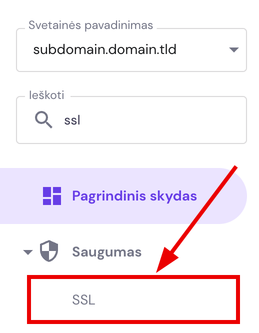 SSL nustatymai svetainės valdymo zonoje