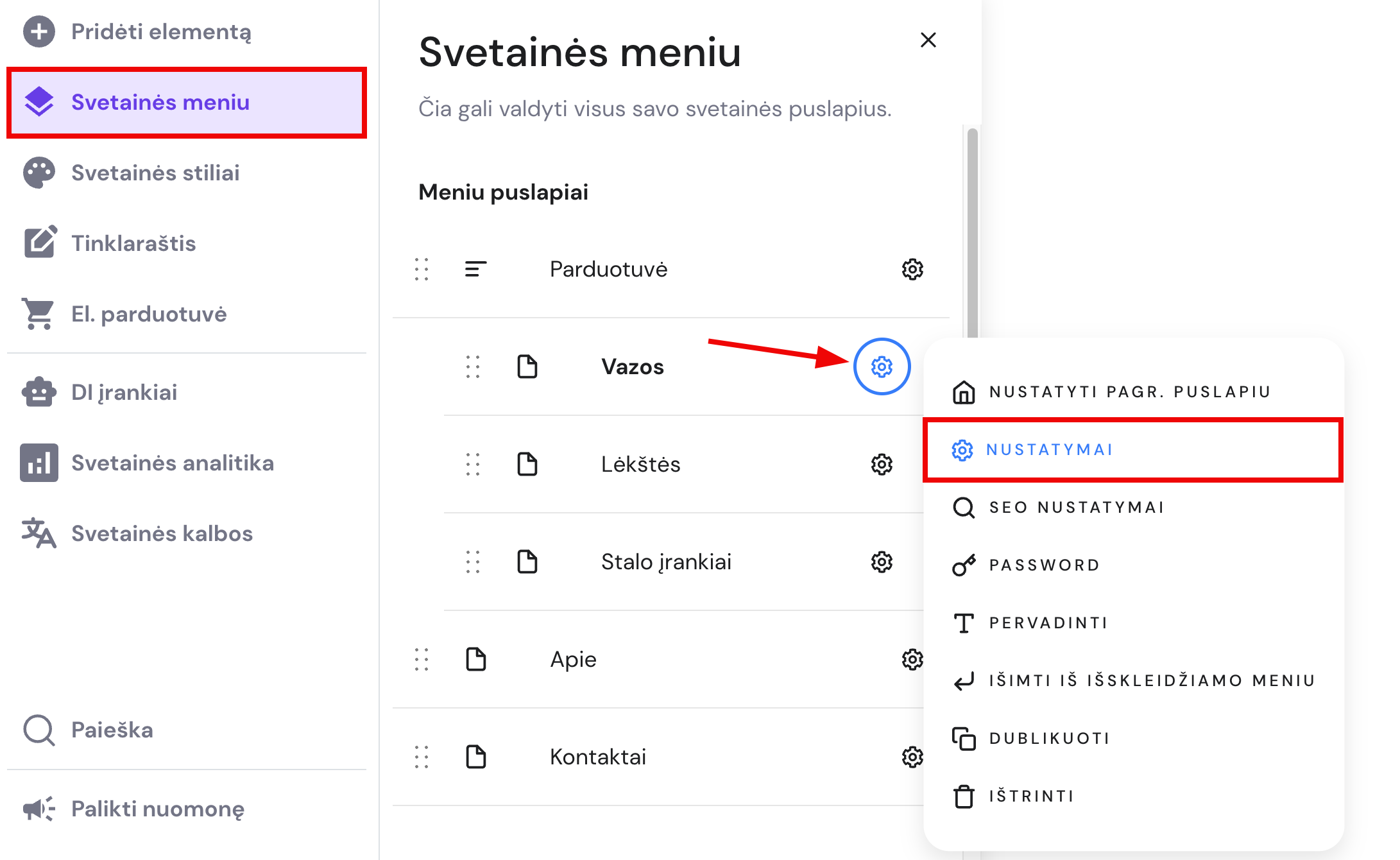 Puslapio nustatymai Hostinger svetainių kūrimo įrankyje