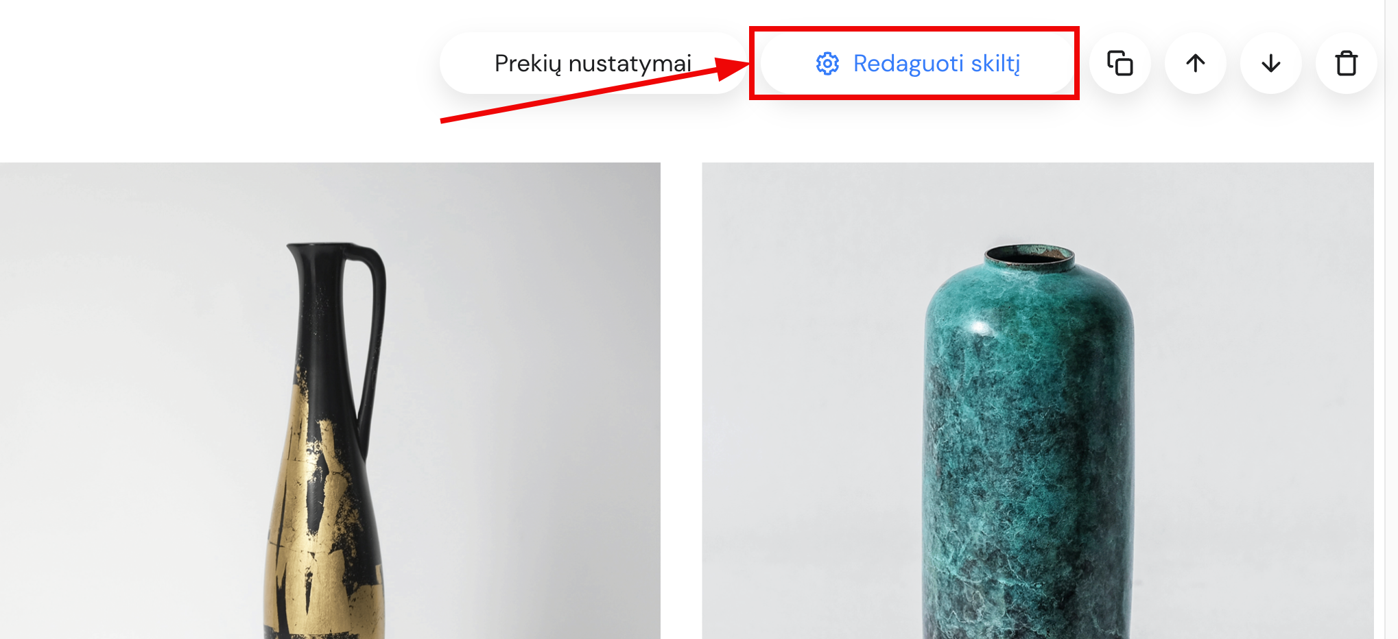 Produktų sąrašo skilties nustatymai Hostinger svetainių kūrimo įrankyje