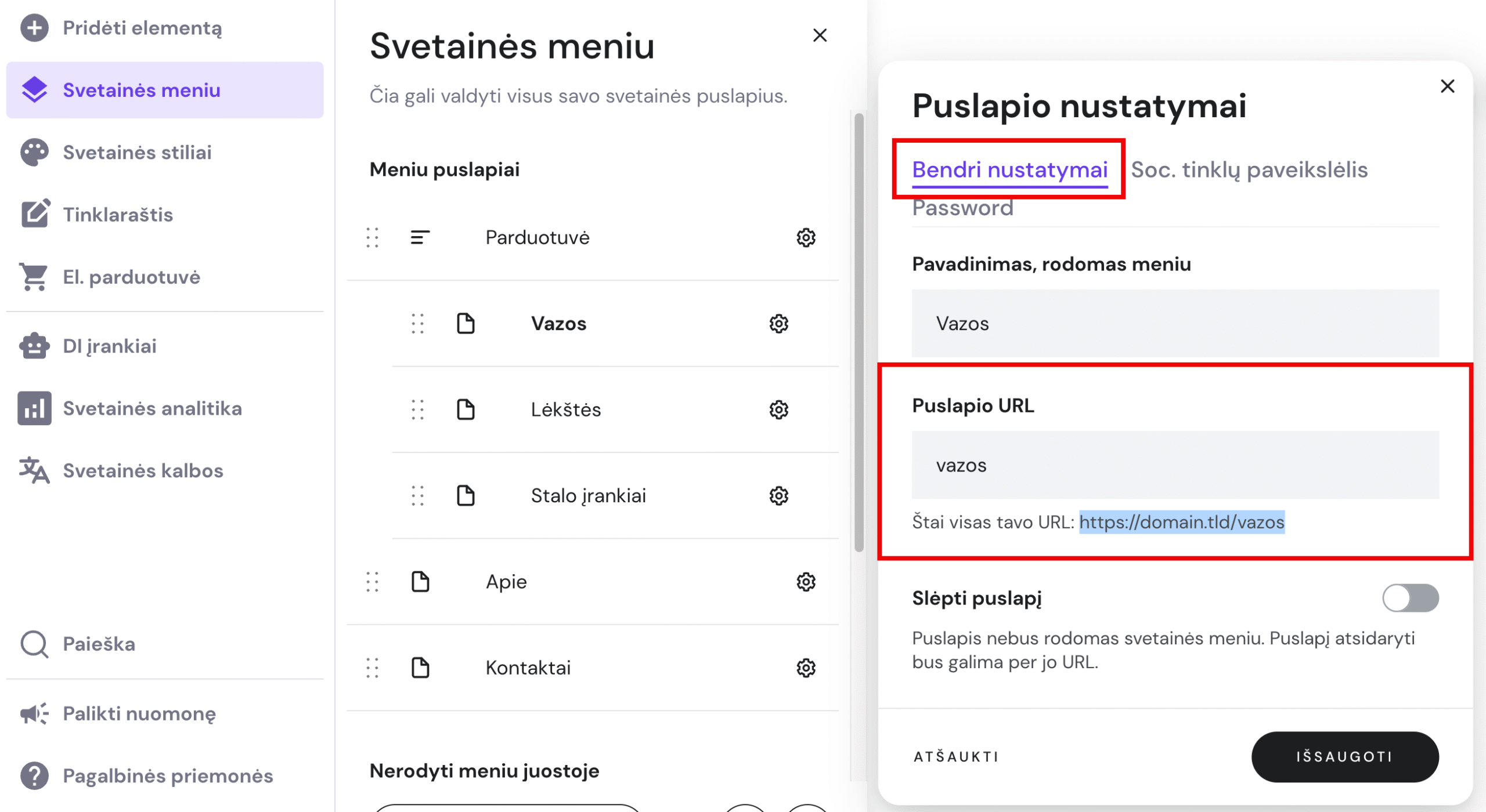Puslapio nustatymai Hostinger svetainių kūrimo įrankyje