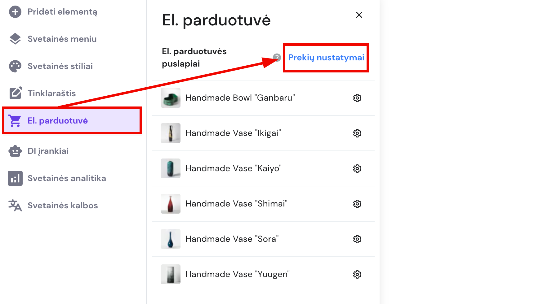 Mygtukas, skirtas atsidaryti produktų valdymo zoną