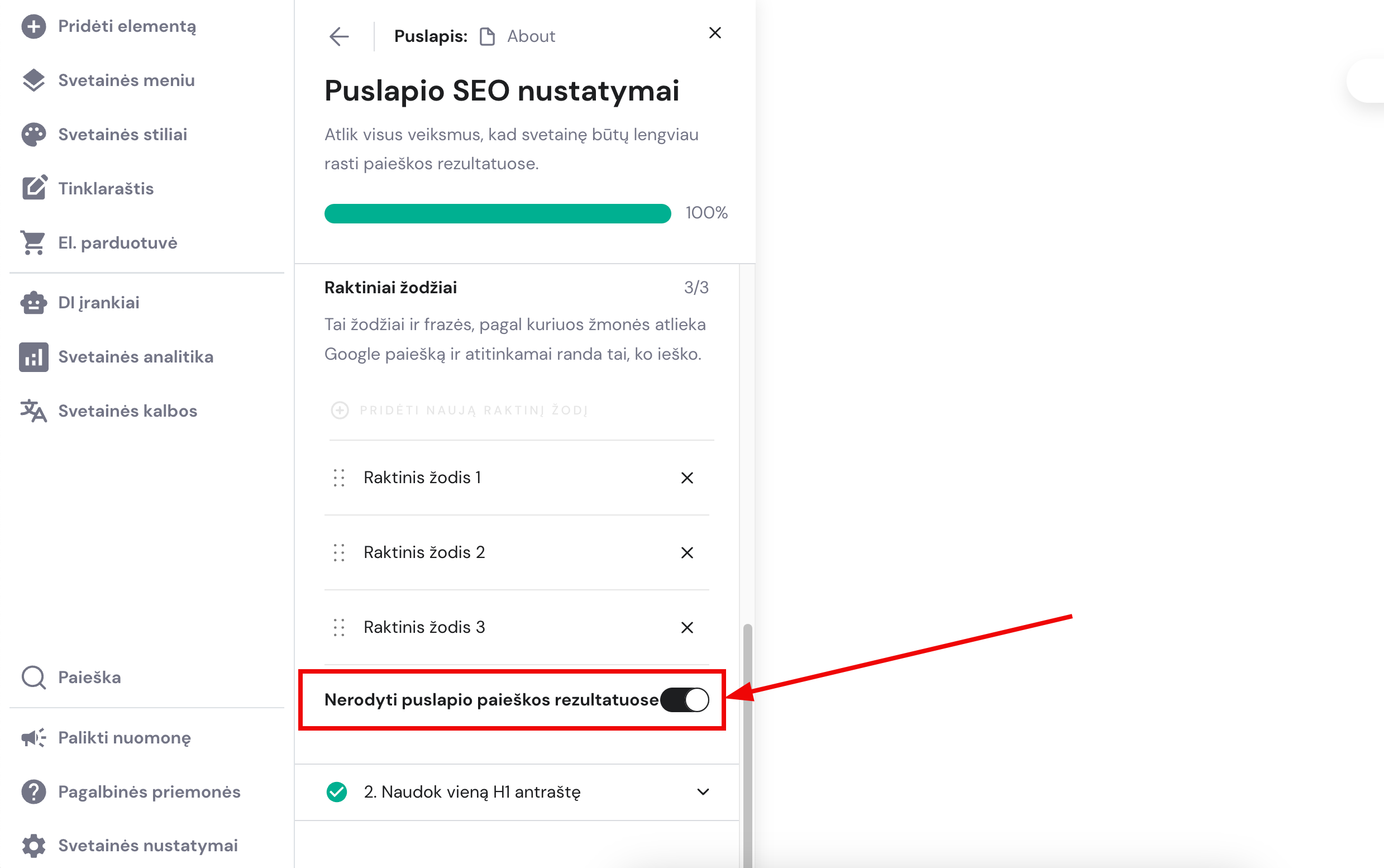 Hostinger svetainių kūrimo įrankio funkcija, leidžianti nerodyti puslapio paieškos rezultatuose