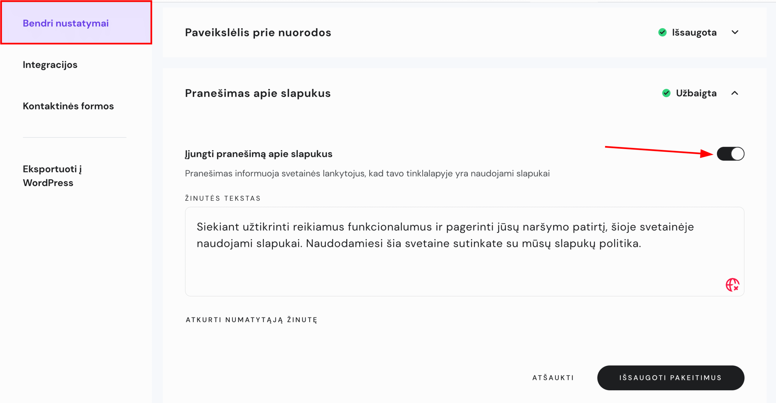 Slapukų juostos nustatymai bendruose svetainės nustatymuose