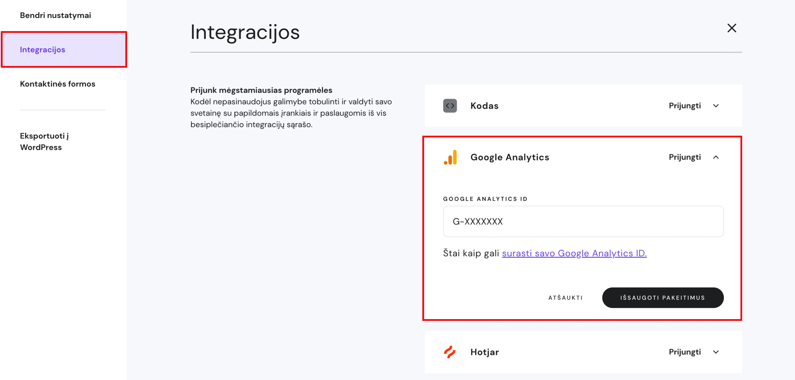 Google Analytics nuosavybės ID įklijavimas svetainės integracijų nustatymuose