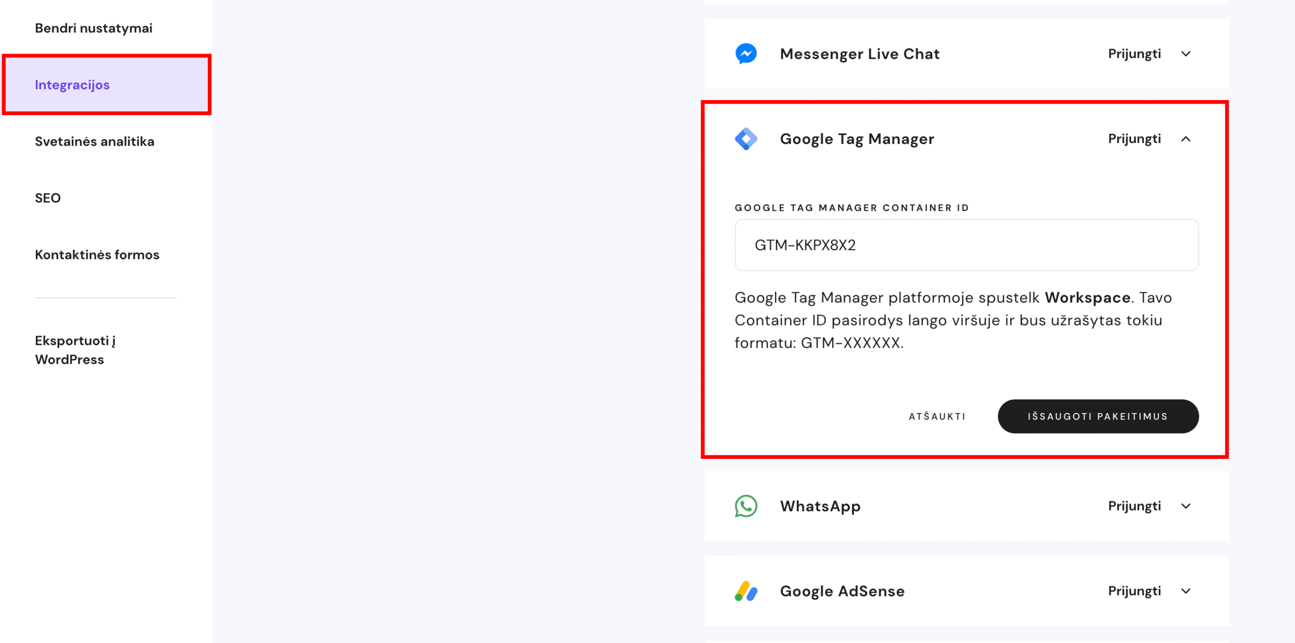 Google Tag Manager konteinerio ID svetainės integracijų nustatymuose