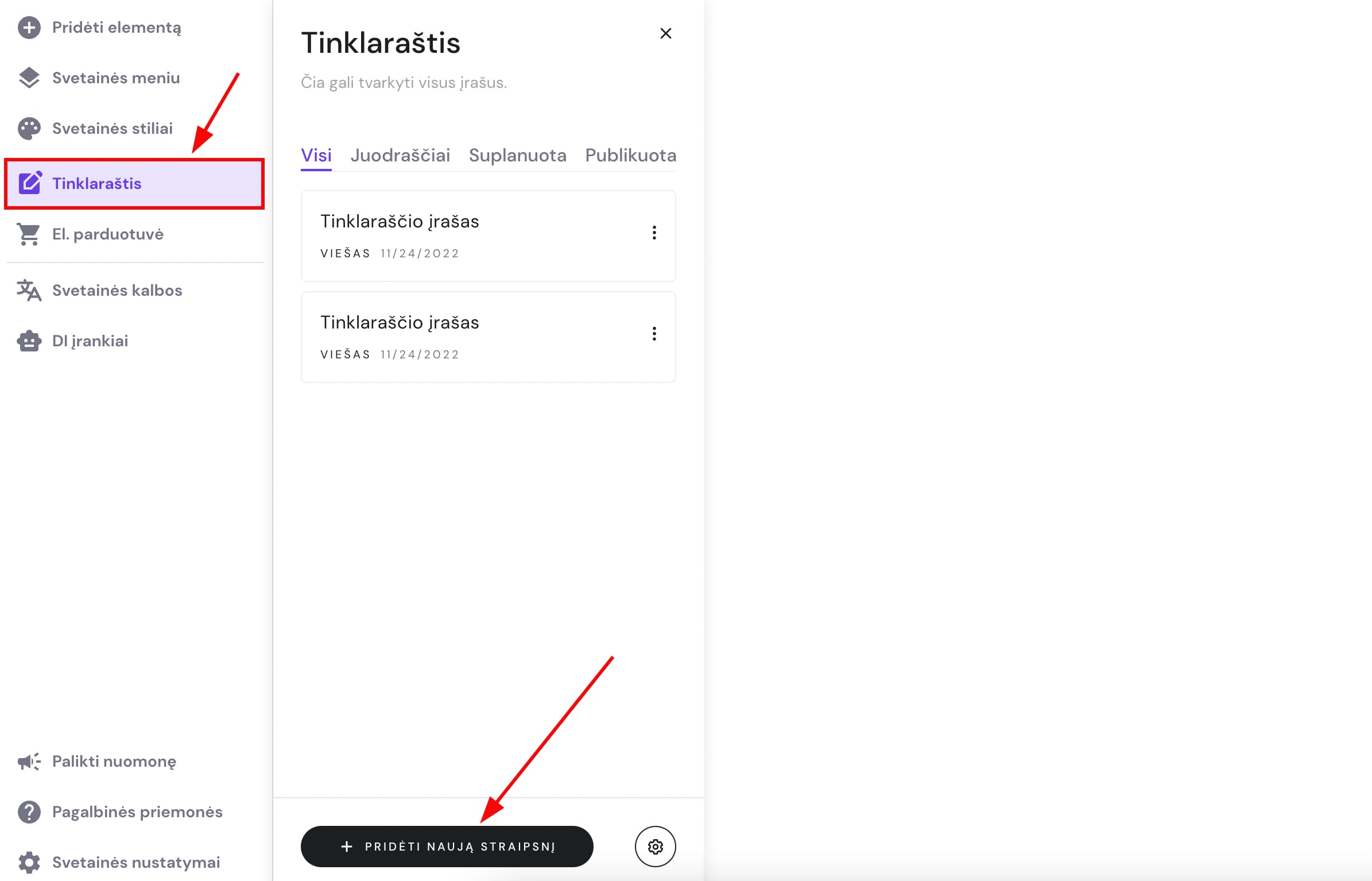 Tinklaraščio kūrimo įrankiai Hostinger svetainių kūrimo platformoje