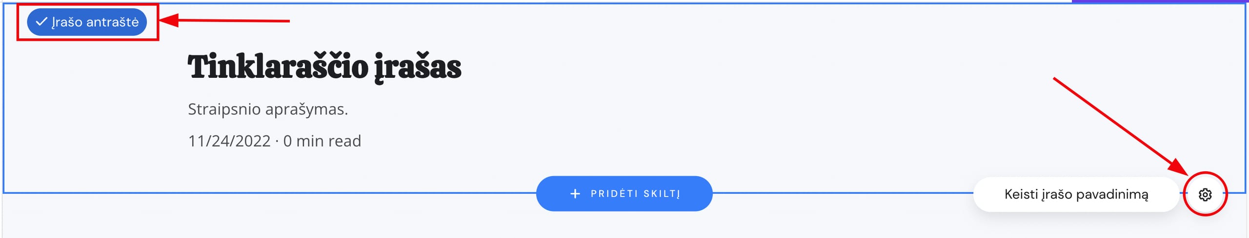 Tinklaraščio įrašo antraštės nustatymai