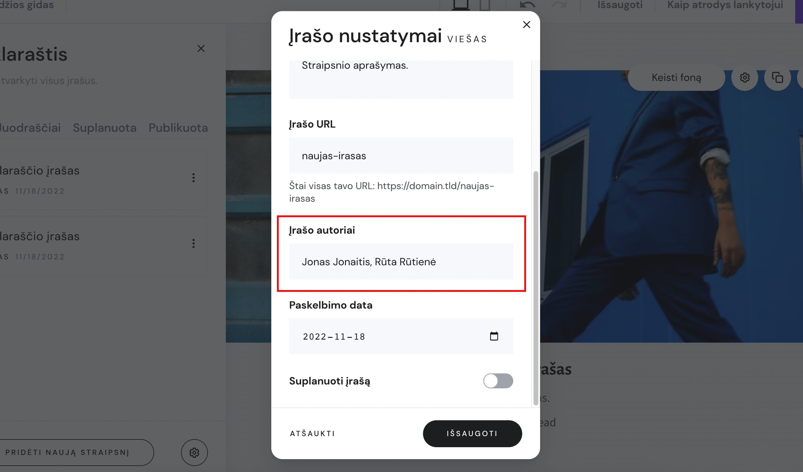Tinklaraščio įrašo nustatymai Hostinger svetainių kūrimo įrankyje