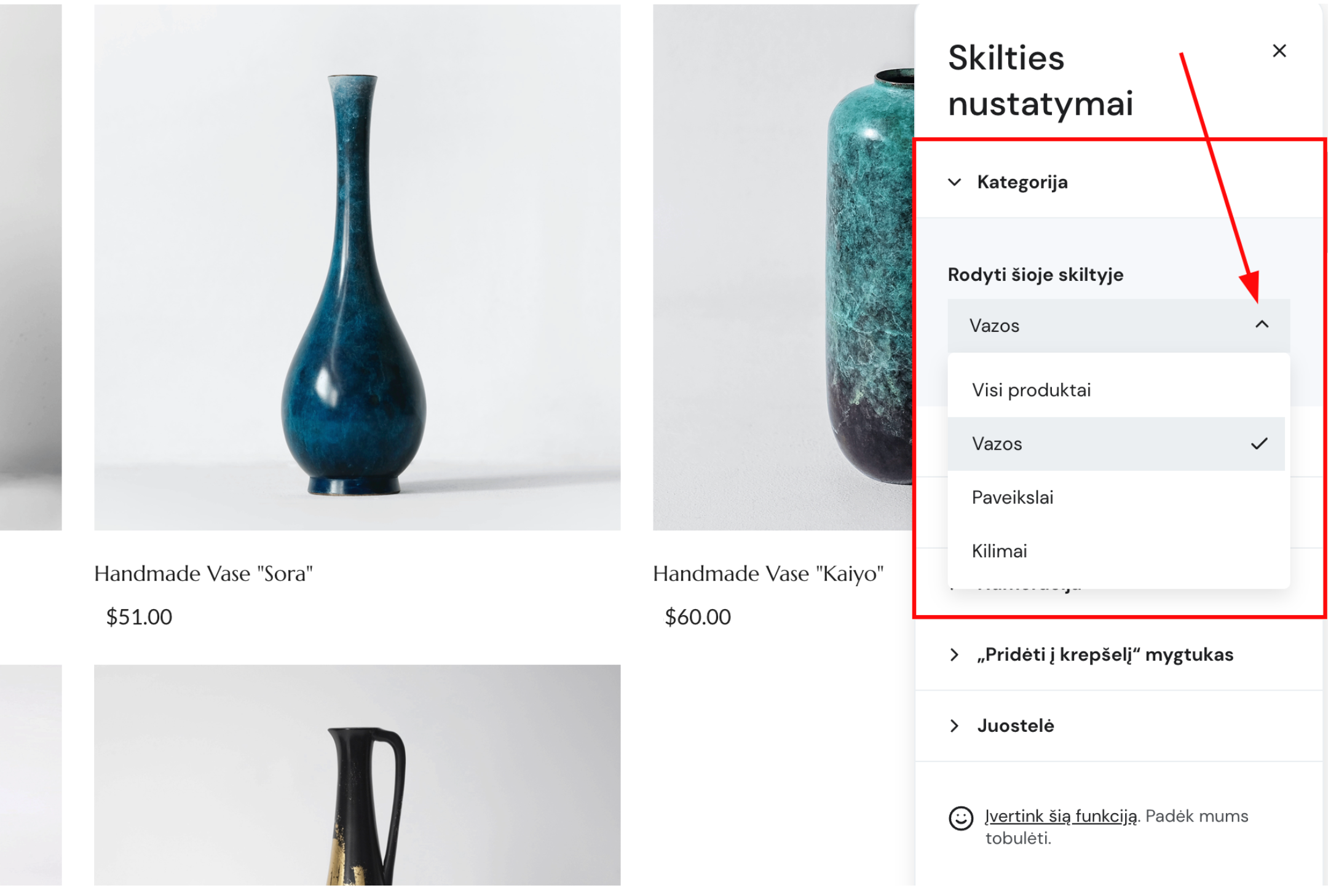 Produktų sąra&scaron;o skilties nustatymuose nurodoma konkreti prekių kategorija, kurią norima atvaizduoti